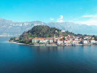 Fototapeta na wymiar Aerial view with drone of Bellagio City on Como Lake in Italy 