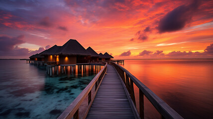 Fototapeta na wymiar Luxury hotel in Maldives, ocean cabins, tropical island paradise