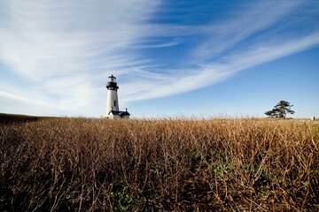 Guiding Light in Nature's Embrace: Majestic Lighthouse Against a Blue Sky, Enchanting in 4K...