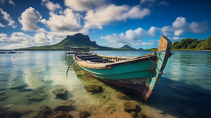 Fototapeta na wymiar Fishing boat on tropical island mauritius