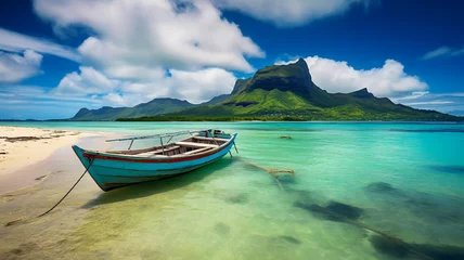 Fotobehang Strand zonsondergang Fishing boat on tropical island mauritius