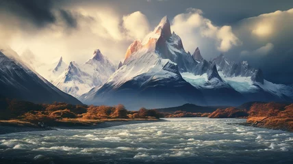 Papier Peint photo Cuernos del Paine Patagonia mountain landscape in Argentina, mountain peaks and rivers