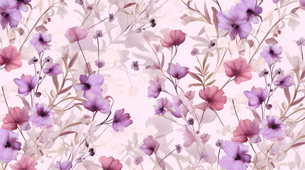 Purple and pink wildflowers seamless wallpaper with a white background.  Colorful paper for crafts, scrapbooking, artworks, gift wrap