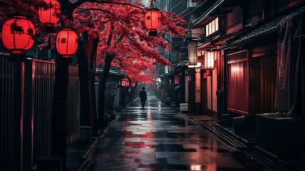 Fotobehang Aquarelschilderij wolkenkrabber Japan streets, pink and red lights