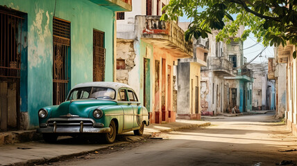 Fototapeta premium Old traditional vintage car in colorful street in Cuba