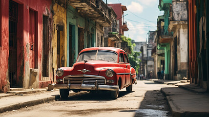 Old traditional vintage car in colorful street in Cuba