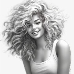 Portrait of a beautiful young woman with curly hair on white background. Fashion girl in sketch-style. Portrait of a beautiful young woman with curly hair. Beauty, fashion. Black and white portrait..