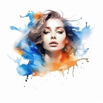 Art Portrait of beautiful young woman with abstract colorful watercolor painting. Beautiful closeup woman face with watercolor splash on white background. Vector illustration.