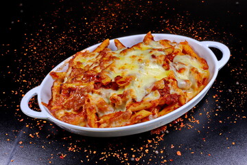 Baked lasagna with cheese and tomato sauce on the black background - 619607412