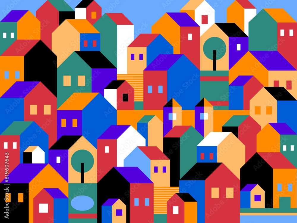 Wall mural Seamless pattern with houses. Seamless pattern with town houses. Vector background with cartoon town. Town seamless pattern with cute colorful houses