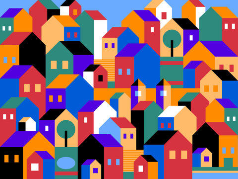 Seamless pattern with houses. Seamless pattern with town houses. Vector background with cartoon town. Town seamless pattern with cute colorful houses