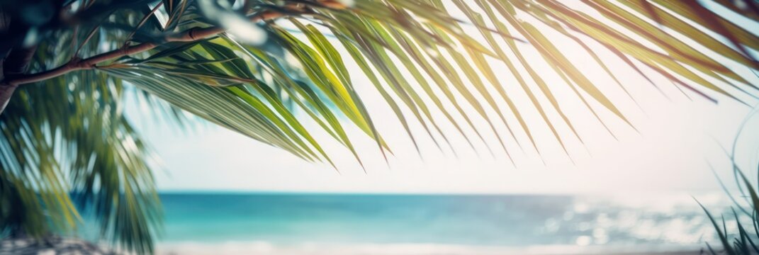Beautiful tropical beach with white sand, palm trees, turquoise ocean against a blue sky with clouds on a sunny day. Perfect landscape backdrop for a relaxing holiday, island. banner.generative AI