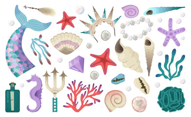 Mermaid elements set. Magical undersea world, seashell, starfish, corals