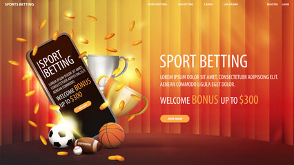 Online sport betting, light orange web banner with smartphone, champion cups, sport balls and falling gold coins. Web banner with interface elements