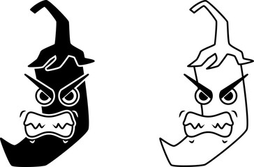 black white angry chili mascot illustration. silhouette, line art, cartoon, emoticon, outline style. used for logo, sticker, print, icon, symbol