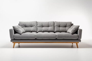 Gray fabric sofa with cushions. Modern sofa on white backdrop. Created with generative AI.
