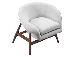 Midcentury light gray fabric upholstery chair with wooden legs. 3d render