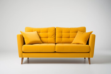 Yellow fabric sofa with cushions. Modern sofa on white backdrop. Created with generative AI.