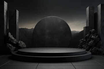 Black geometric Stone and Rock shape background, minimalist mockup for podium display or showcase,...