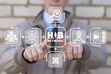 Man using virtual touch screen presses inscription: HUB NETWORK. Web digital networking technology. Hub Network Connection. Information modern cloud networking.