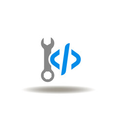 Vector illustration of wrench and code sign. Icon of debug, fix bug. Symbol of debugging.