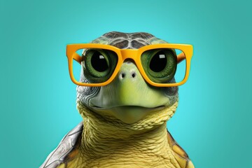 Cute little green turtle with glasses in front of studio background, Generative ai
