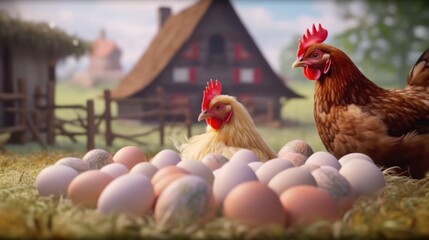 Colorful postcard with eggs, chicken and farm. Generative AI