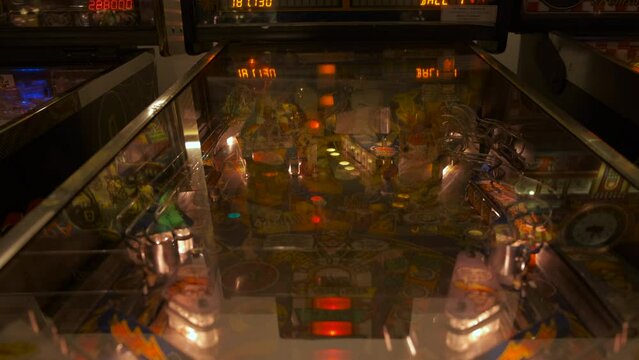 Game table of a vintage pinball machine.