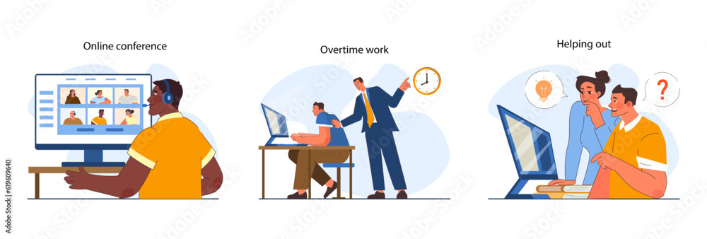 Poster office interactions set. team communication scenes. work process