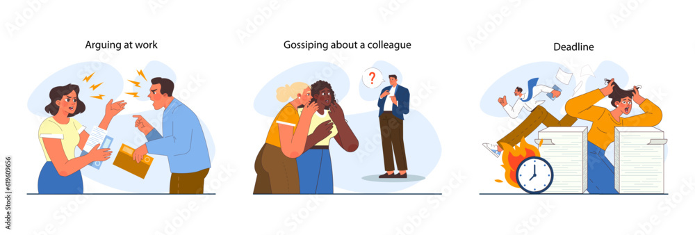 Poster office interactions set. team communication scenes. work process