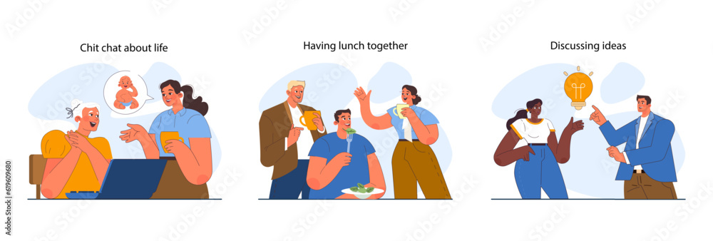 Poster office interactions set. team communication scenes. work process