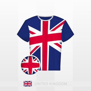 Football uniform of national team of United Kingdom with football ball with flag of United Kingdom. Soccer jersey and soccerball with flag.