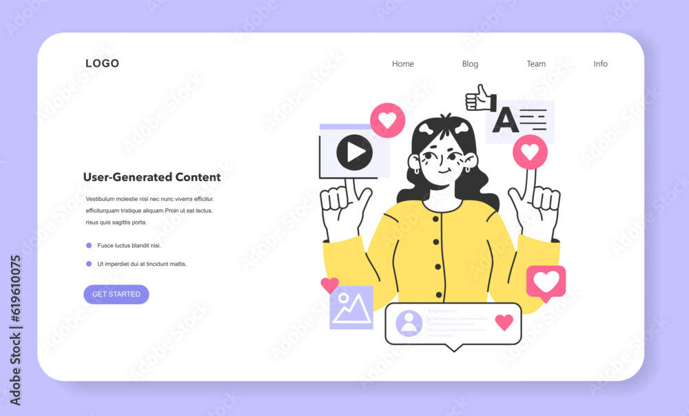 Aufkleber ugc or user generated content web banner or landing page. content