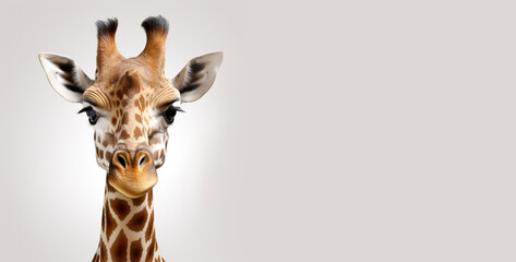 Close-up portrait of a giraffe's face, isolated on a light background. Generative AI