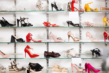 In shop window number of women shoes of various brands with affordable price.Peep toe, escarpins,...