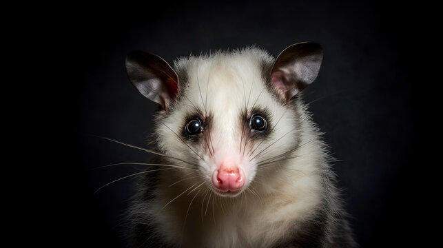 Studio portrait of a smiling possum on a black background. Virginia Opossum. Wild exotic animal on a horizontal banner. Generative AI.