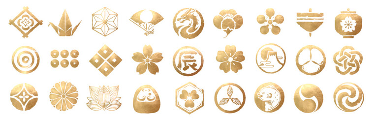 年賀状, アイコン, ベクター, ビジネス, セット, 辰, 辰年, 龍, 筆文字, 金, 金箔, 金色, ゴールド, お正月, 背景, 桜, 梅, 梅の花, 花, 富士山, 初日の出, 鶴, 椿, 菊, 扇, イラスト, 