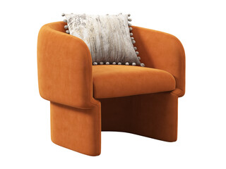 Modern orange velvet upholstery armchair with an accent pillow. 3d render.