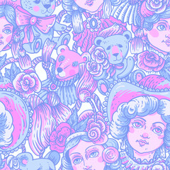 Naklejka premium Vintage doll pink neon seamless pattern, vector flowers and needlework cartoon texture