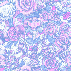 Vintage doll pink neon seamless pattern, vector flowers and needlework cartoon texture