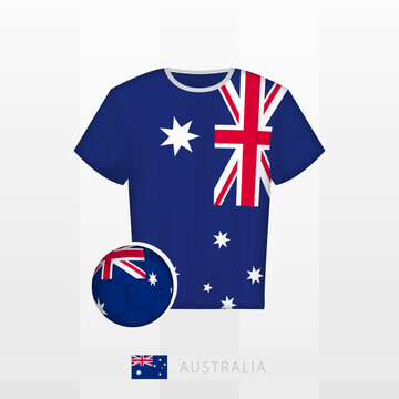 Football uniform of national team of Australia with football ball with flag of Australia. Soccer jersey and soccerball with flag.
