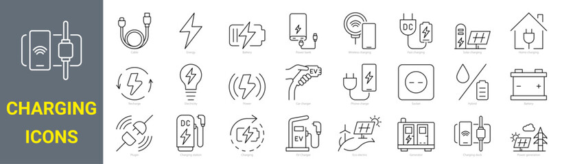 set of 36 line icons charging, battery related. car charging station, recycling, phone charging. Collection of Outline Icons. Vector illustration.