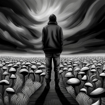 A Man Having A Bad Trip, Standing Under Dark Clouds, Surrounded By Mushrooms. 