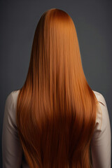 Naklejka premium Rear view of a woman with beautiful shiny straight keratin Brown hair on a dark background .Generative AI. 