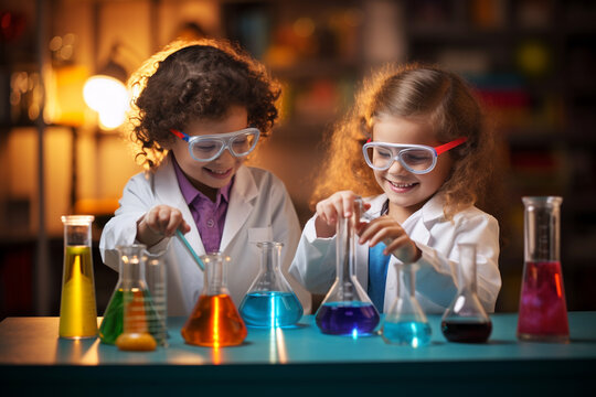 scientist in laboratory, two kid