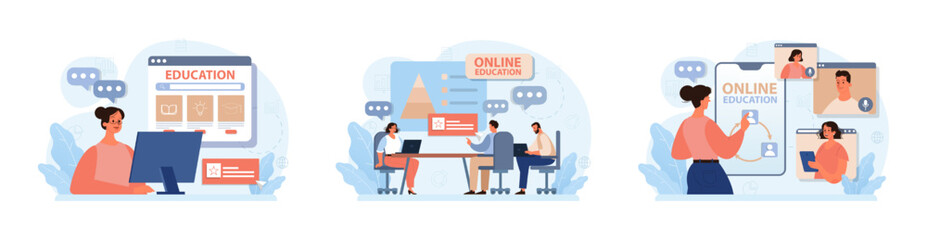 Online education set. Character study remotely using internet, online