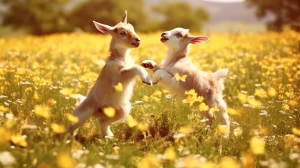 Newborn lambs play with each other in the meadow. 