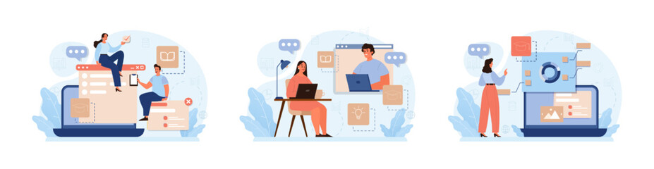 Online education set. Character study remotely using internet, online