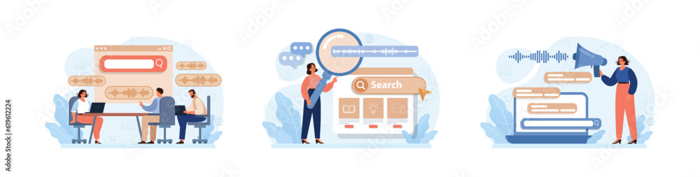 Poster voice search set. artificial intelligence virtual assistant. character