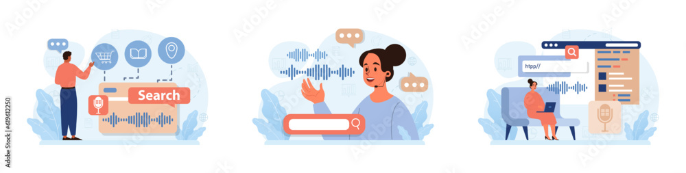 Poster voice search set. artificial intelligence virtual assistant. character